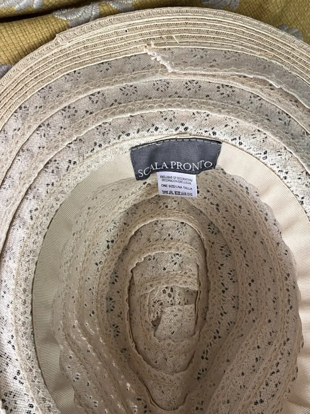 Scala Pronto Straw Hat Wide Brim Floppy Sun Beach Boho Tan Lace Trim